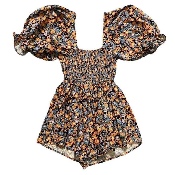 Free People Show Me Love Linen Blend Tie Front Puff Sleeve Floral Print Romper | - Picture 4 of 7